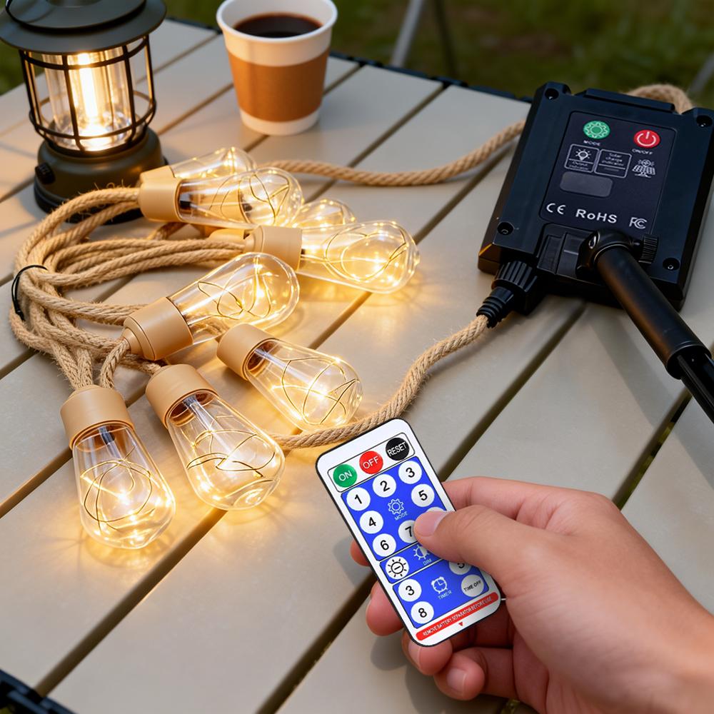 Outdoor Solar Hemp Rope Lights Waterproof String Lights Copper Wire Christmas Ball Bubble Lights for Courtyard Camping Holiday Decor