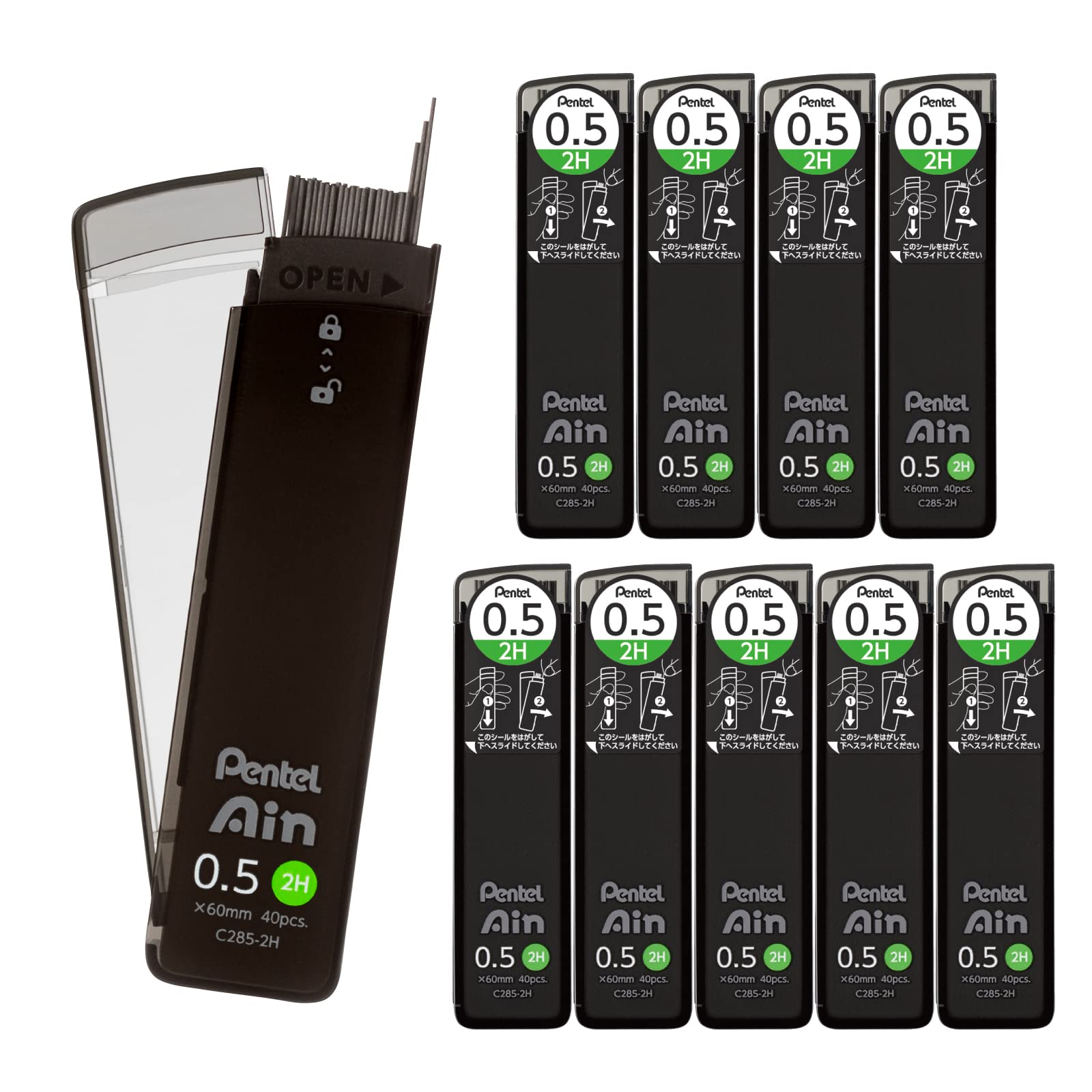 Pentel Ein Mechanical Leads, 0.5mm, 2H, 10-Pack, C285-2H чёрный