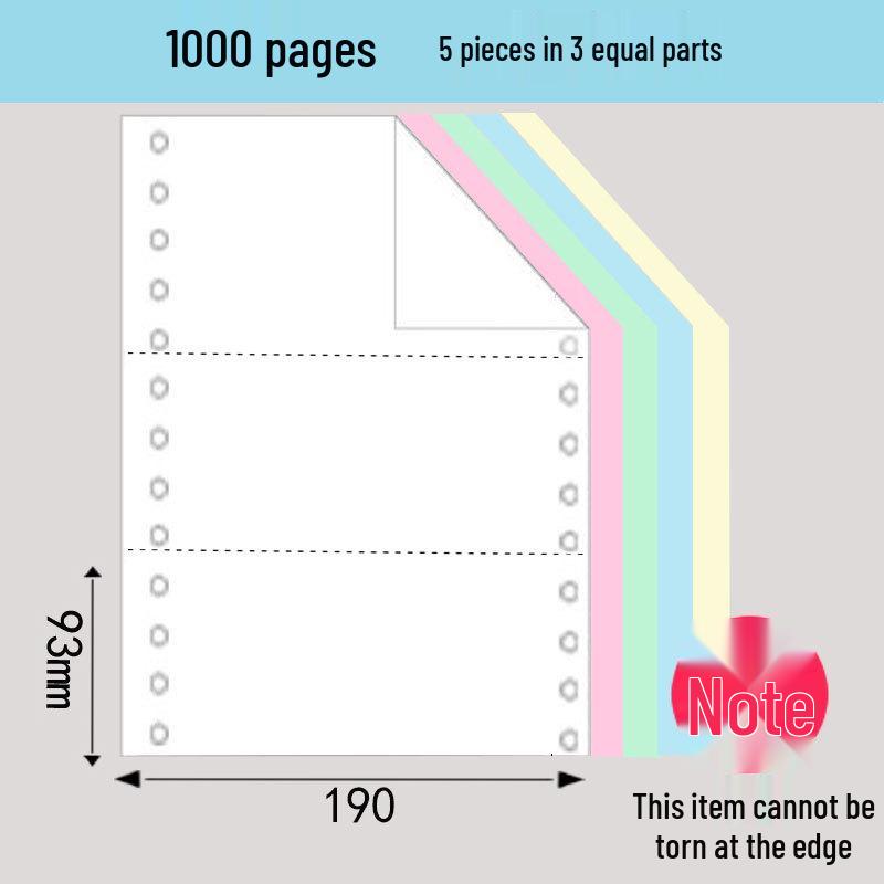 1000 Pages 190-2345 Dot Matrix Three-Part Color Continuous Receipt Paper with Two-thirds/One-third Split