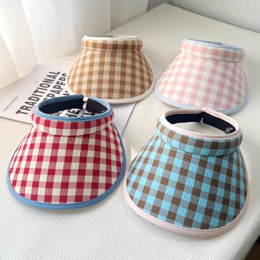 New dopamine checkerboard contrasting color empty top sunscreen hat girls summer outdoor big brim sun hat