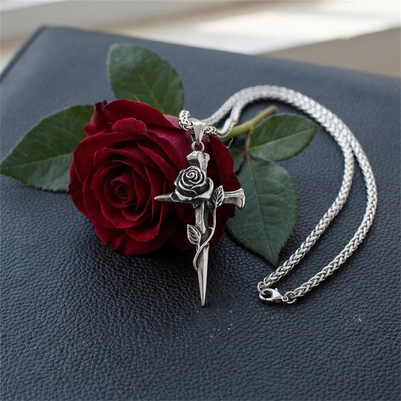 Fashion Vintage Rose Cross Pendant Necklace for Women Men Punk Goth Jewelry Chain for Romantic