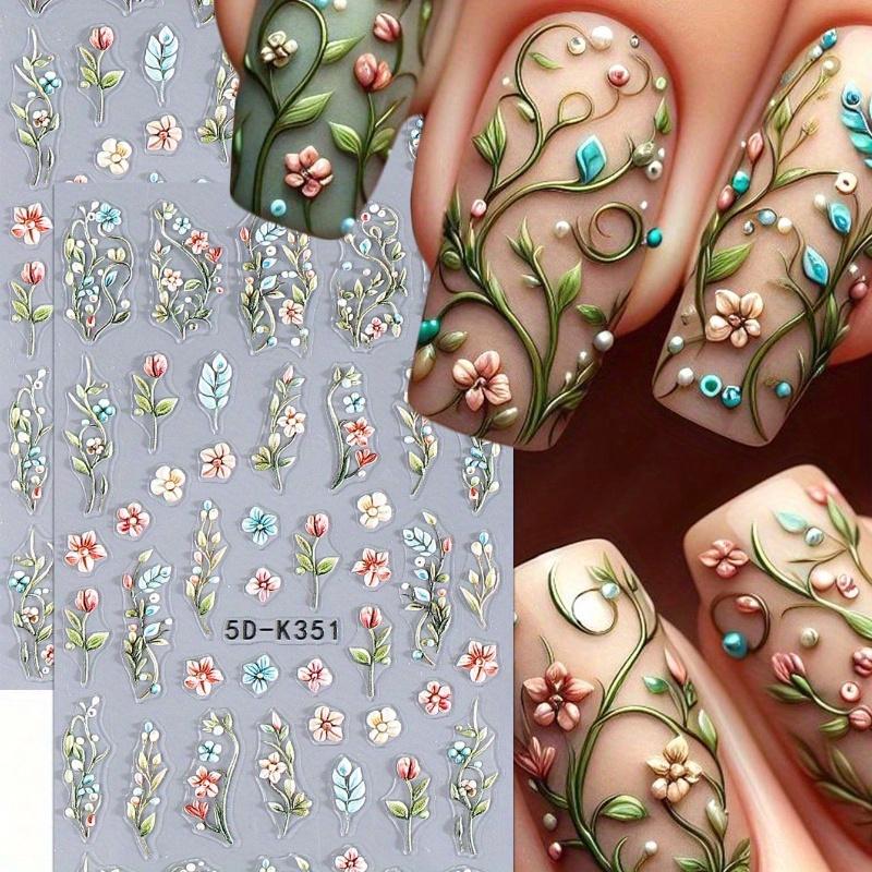 

5D Тисненые Зеленые Листья Лозы Цветочный Букет Наклейки для Нейл-Арта, Свежие Красочные Цветущие Пятилепестковые Цветы Листья Наклейки для Ногтей Свадебные Дизайны Ногтей Сделай Сам разноцветный