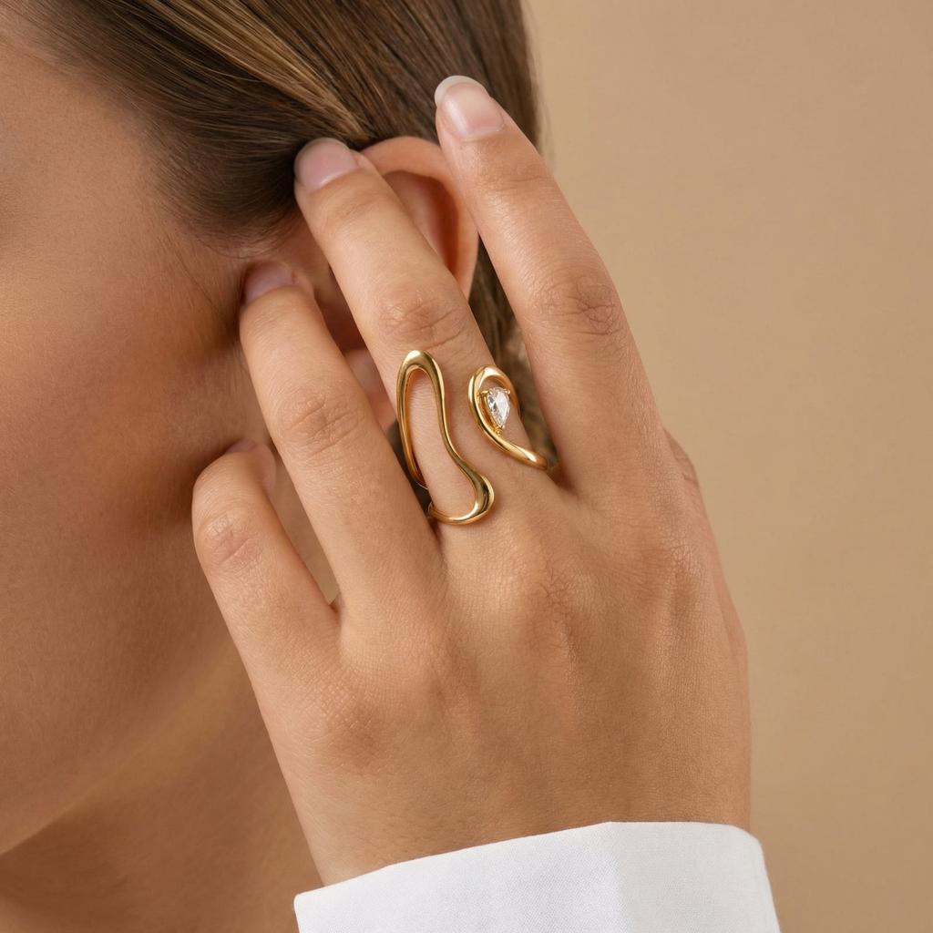 Luxury Adjustable Open Rings PVD Gold Plated Stainless Steel Zircon Geometric Rings for Women Stackable Jewelry Non Tarnish