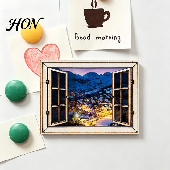 Simulated Window Magnets 1/6Pcs Fake Fridge Magnet, Wooden Natural Scenery Refrigerator Home Office Decorative Magnetic Decoration for Kitchen