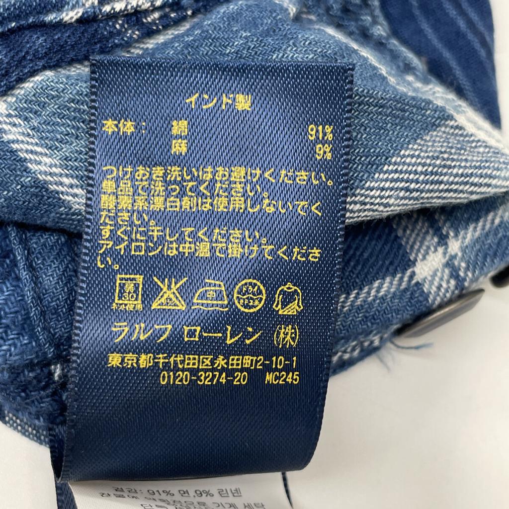 POLO RALPH LAUREN Indigo Cotton Linen Patchwork Native American Pattern Shirt tops L Blue x whiteUsed