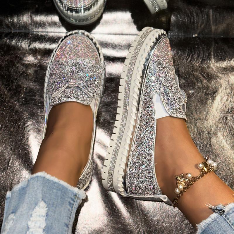 Fashion Brand Design Glitter Bowknot Loafers Women 2025 Summer Comfort Soft Sole Slip On Casual Shoes Luxury Sequin Cloth Sneakers
