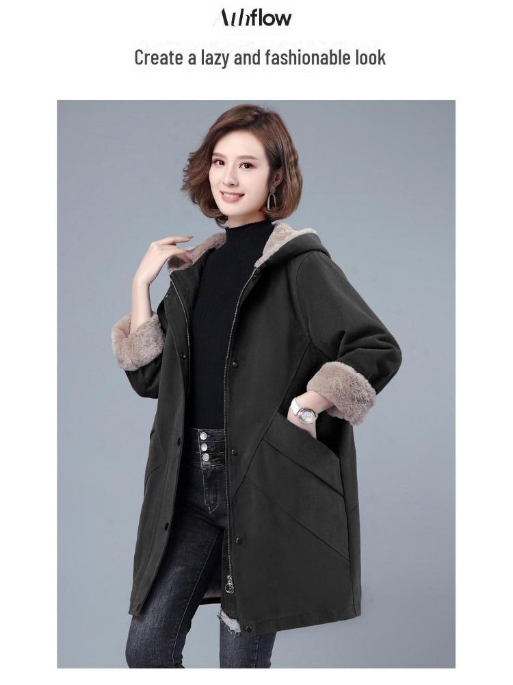 2024 Women Autumn Winter Thickened Cotton Padded Parker Jacket Mid Length Coat for Middle Aged