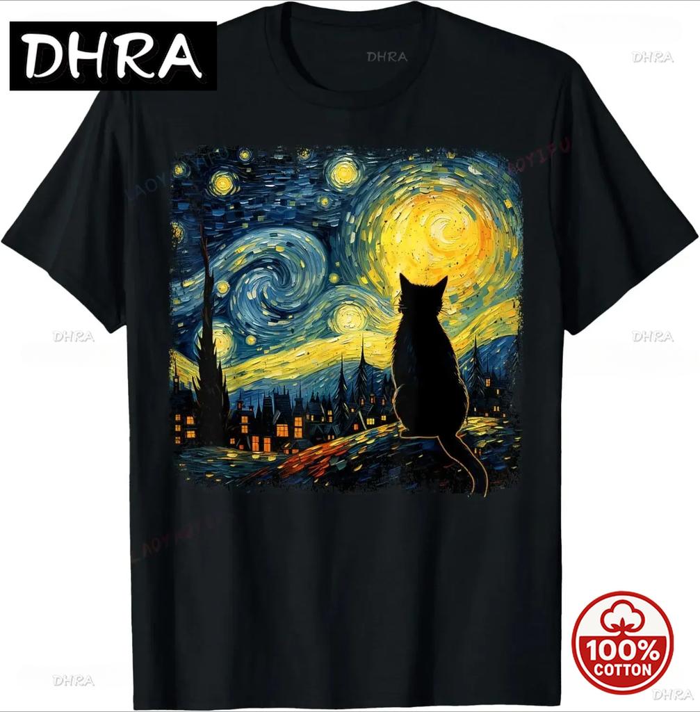 Cat Starry Night Van Gogh Cat For Cat Lover Tshirt Casual Fashion Streetwear Loose Soft  Summer Style Unisex Tee Cute Aesthetics