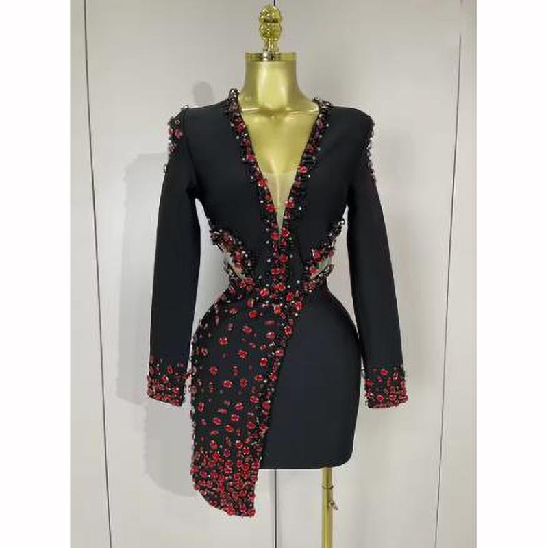 

Women Celebrity Sexy Long Sleeve V Neck Rhinestone Black Bandage Dress Elegant Evening Club Luxury Birthday Party Dresses XXS чорний