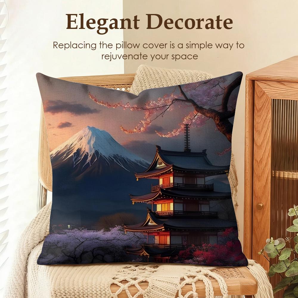 Japenes Mount Fuji Cushion Cover Natural Linen Organic Fabric DoubleSided Printing Sofa Home Decor Gift Pillow Case