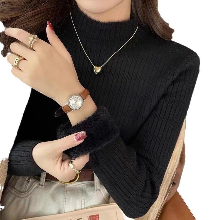 Semi-turtleneck velvet warm inner knitted sweater women's autumn and winter new simple slim long-sleeved versatile integrated velvet base