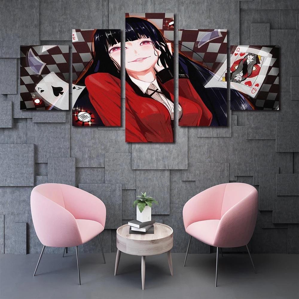 Girl Playing Cards Frame Poster 5 Pcs Japan Style Yumeko Jabami Wall Art Print Modular Canvas Painting Decor Home Anime Picture