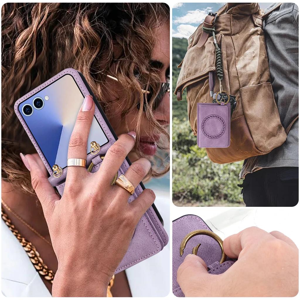 For Samsung Galaxy Z Flip 7 Fe 6 5 4 3 Leather Magnetic Wallet Phone Case with Card Holder Lanyard Ring Holder