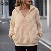 Autumn and Winter Women's Semi-zipper Stand-up Collar Loose Checkered Plush Pullover Hoodie