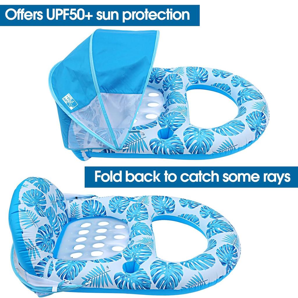 Pool Lounge Float with Canopy UPF50+,Extra Large Pool Floats for Adults Heavy Duty,Inflatable Lounger Float with Cup Holder & Backrest,Footrest