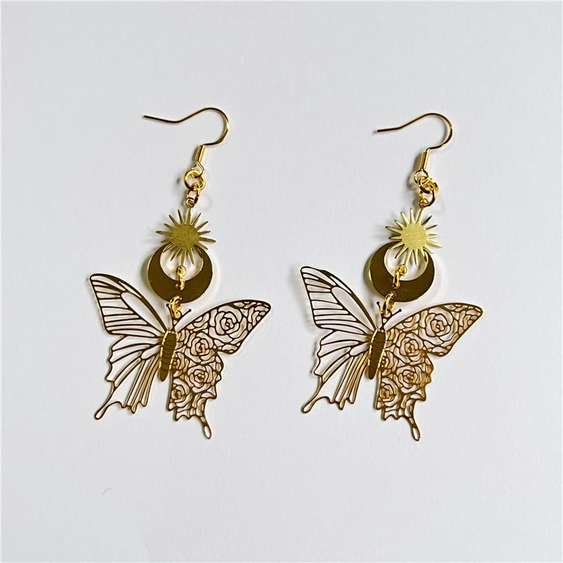 Gold Hollow Geometric Drop Earrings With Butterfly Design For Office Wear