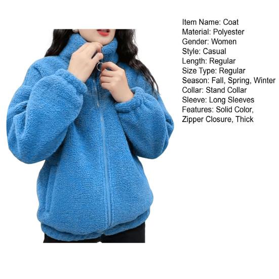 Spring Winter Women Jacket Stand Collar Fleece Zipper Closure Jacket Long Sleeve Solid Color Cardigan Keep Warm Sport Outerwear with Pockets