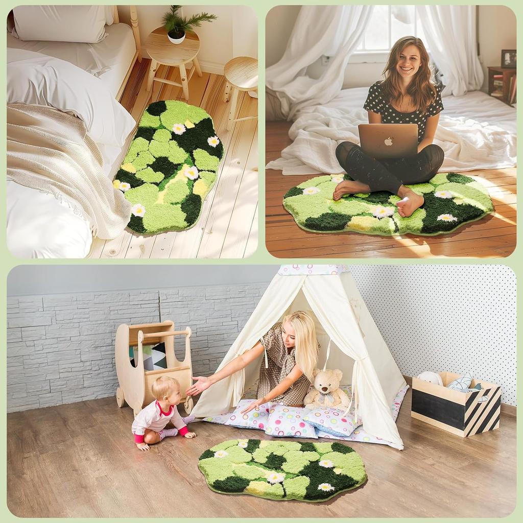 Green Moss Rug - Cute Leaf Flower Green Bath Mat Non Slip - Washable Shag Bathroom Rugs 3D Moss Carpet for Bedroom, Bathroom Floor, 32×20 Inch