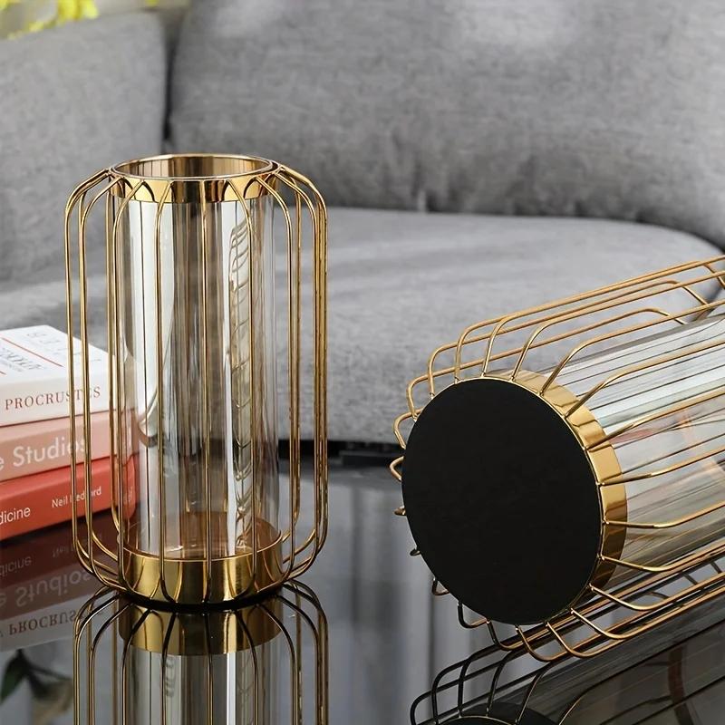 Flower Vase Nordic Simple Golden Glass Vase Hydroponic Plant Flower Vase Iron Geometric Glass Test Tube Metal Plant Holder