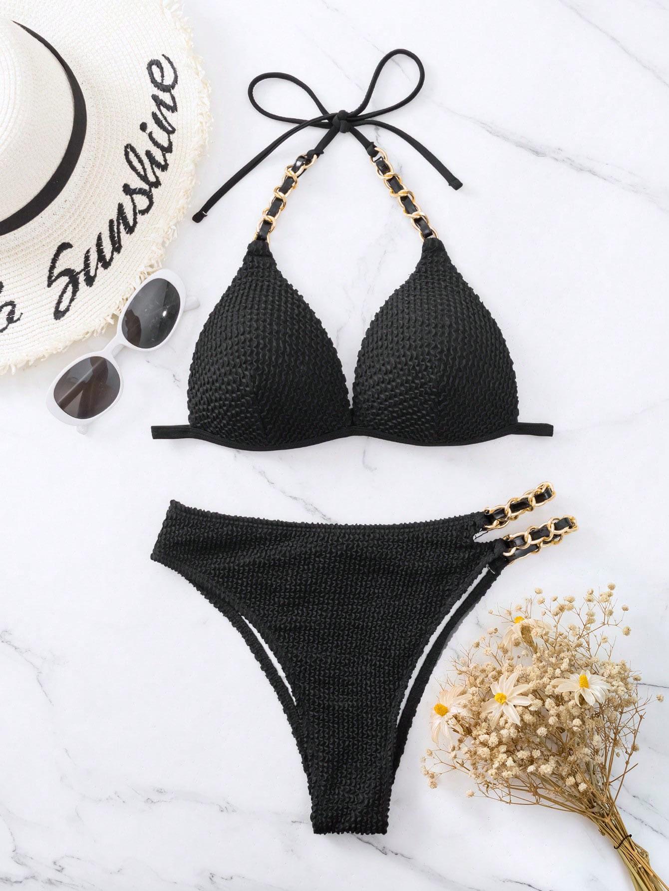 

Новый Хит Продаж Женский Европейский и Американский Сексуальный Раздельный Купальник - Высококлассный Однотонный Кожаная Цепочка Купальник Large чёрный