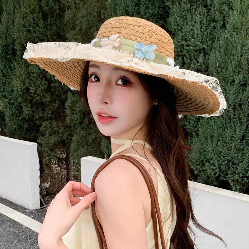 Korean sweet flower big brim sun hat women's summer outing beach hat sunshade straw straw hat