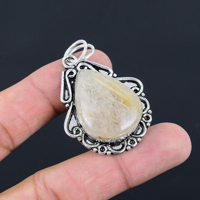 Päron Gyllene Rutilsten Unik Art Deco Infattning Hänge Smycke Sterling Silver
