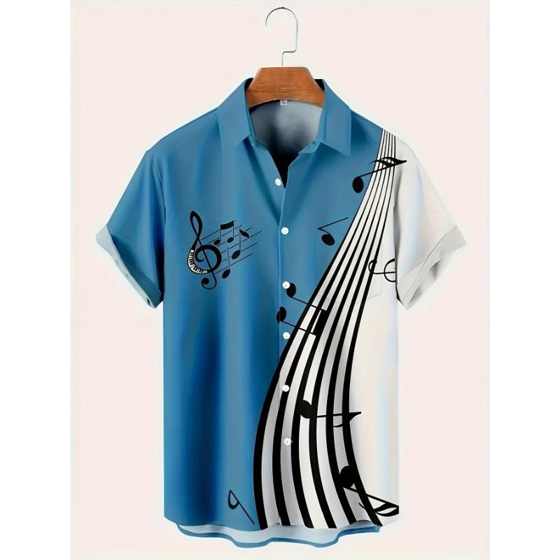 

Men S Music Note Graphic Print Shirt for Summer, Trendy Cool Short Sleeve Shirt for Big And Tall Males XL