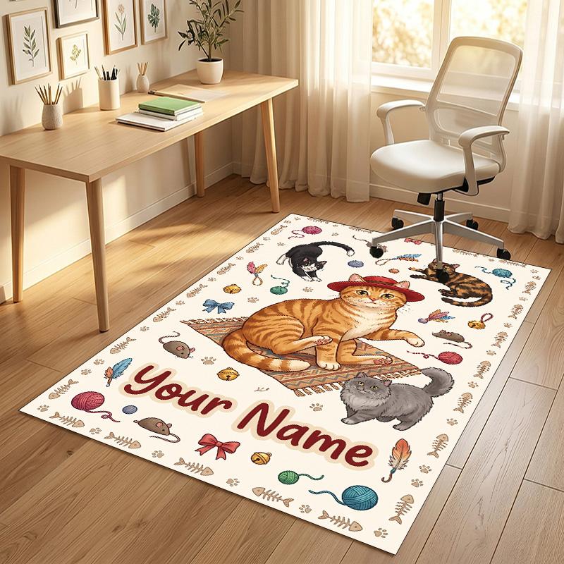 Cat Theme Crystal Velvet Rug Personalized Custom Name Text Soft Floor Mat Home Decor