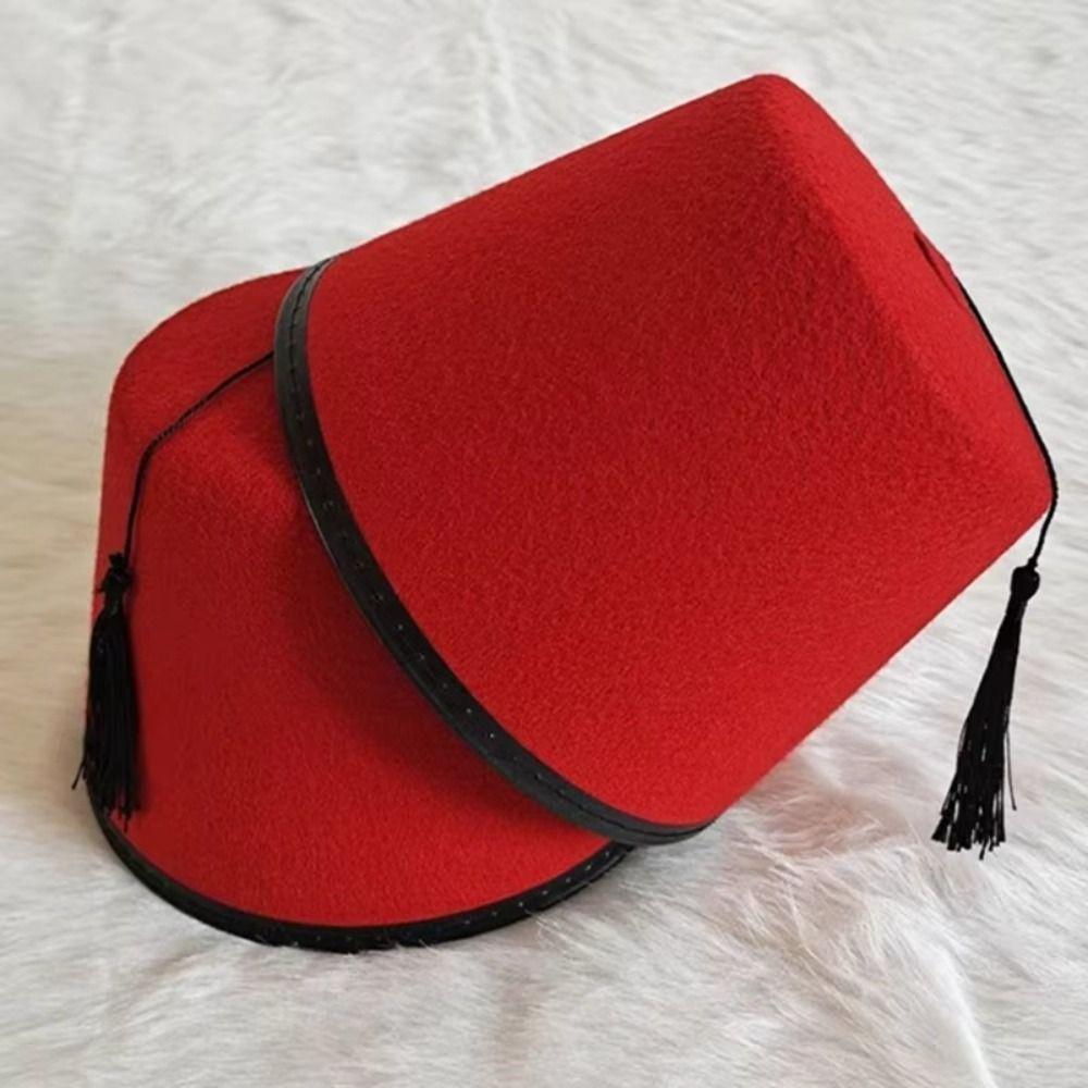 Costume Accessories Round Felt Fez Cap Moroccan Hat Red Color Tarboosh Fez Hat Ottoman Breathable Turkish Tassels Cap Party Hat