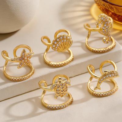 Gold Sea Animals Ring for Women Rhinestone Seahorse Turtle Dolphin Starfish Seashell Double Layer Adjustable Ring Bohemian Beach Jewelry Gift for