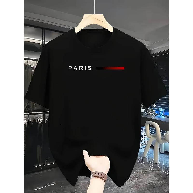 

[Paris Graphic T-Shirt] Fabric Men s Paris Graphic T-Shirt - White Short Sleeve Round Neck Casual Shirt with Red Accents & Logo, Leisure Clothing 4XL чорний