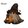 Resin Ghost Figurine Halloween Wizard Hat with LED Lighted Lantern, Vintage Small Table Decor Witch Statue for Fall Tabletop Mantel Home Party