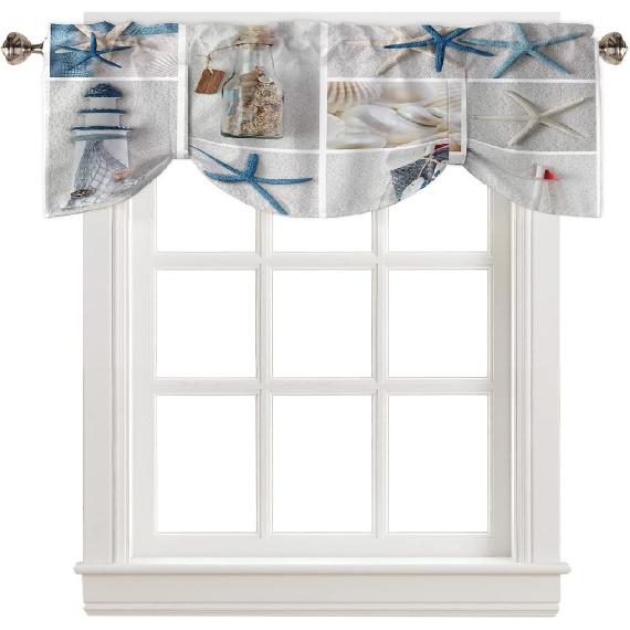 Summer Coastal Grid Tie Up Valance for Kitchen Windows, Ocean Starfish Lighthouse Tie-up Curtain Shade Valances 60 x18  Rod Pocket Short Curtains