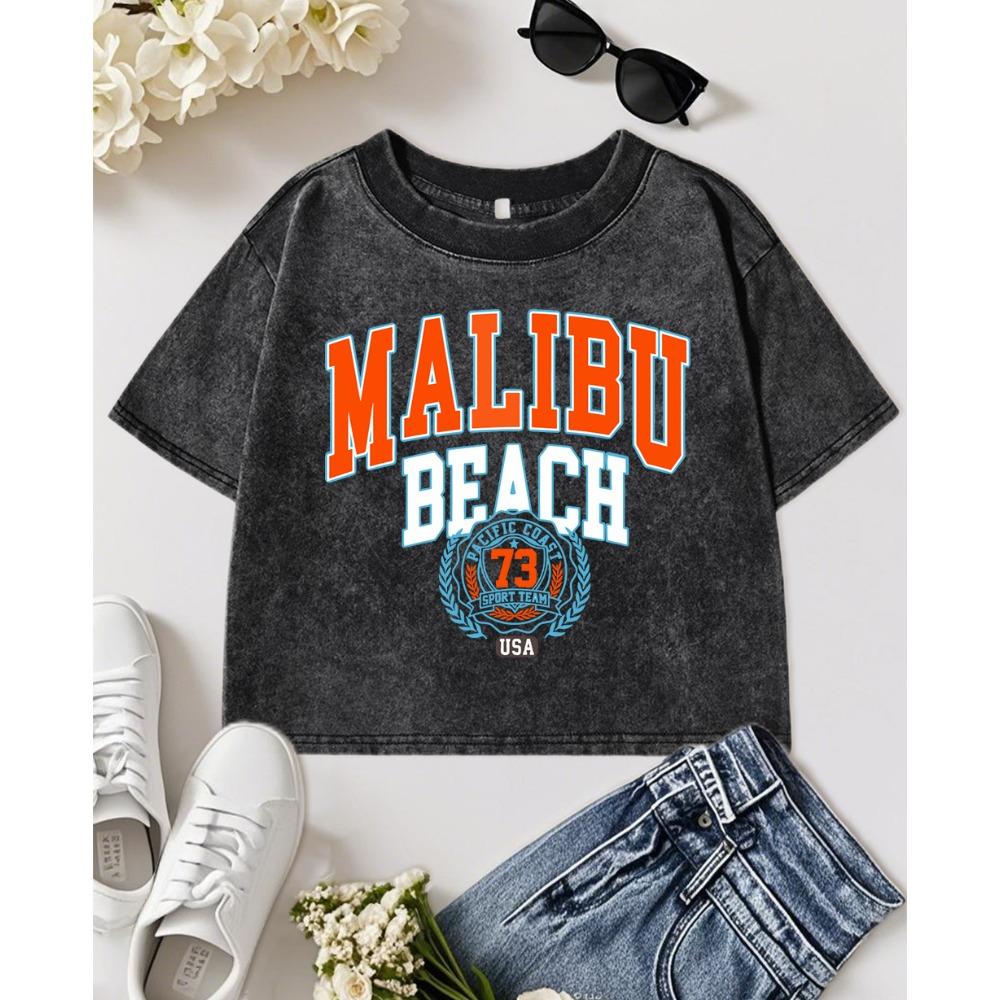 

Malibu Beach Usa City Letter Printed Women Washed T-Shirt Slim Cotton Clothing Crewneck Streetwear T Shirts M