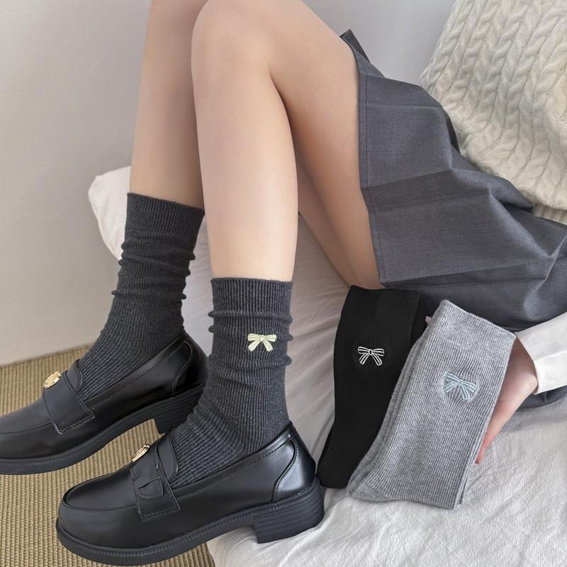 Solid Color Style Double Needle Simple Stacked Socks Medium Tube Socks Girls' Stockings Embroidered Bow Boneless Vertical Strips