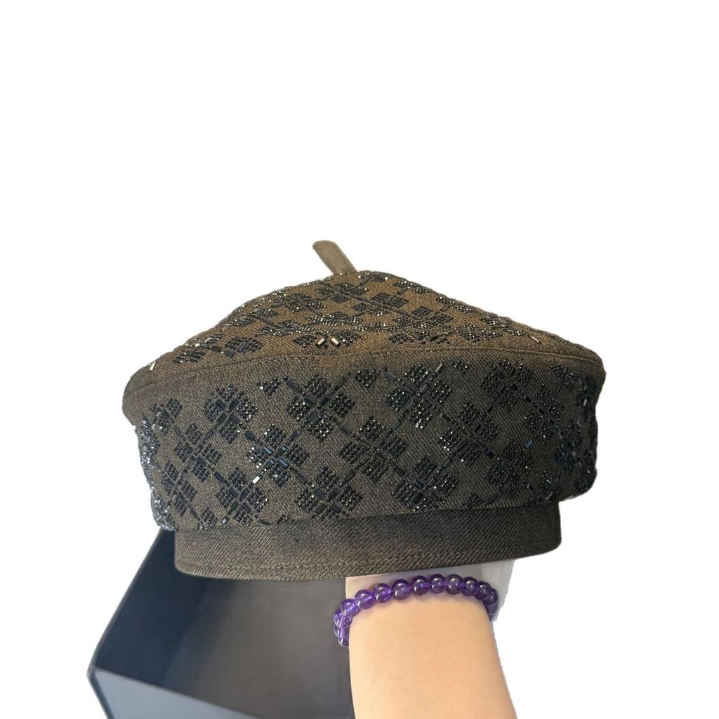 Luxury Beaded Beret High-Quality Autumn Winter Sparkle Versatile Anti-Aging Blossom Casual Painter Hat for Women