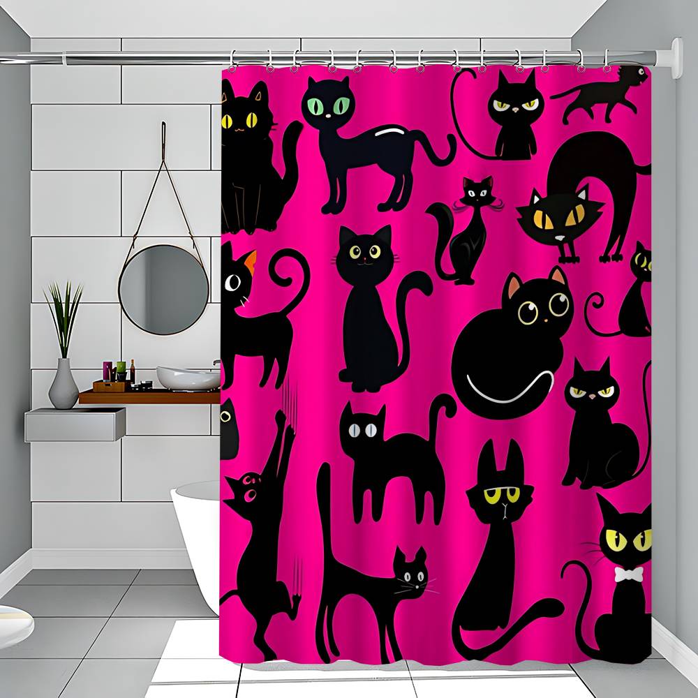 Black And Pink Cat Funny And Creative Beach Shower Curtain Waterproof Polyester Bath Curtains For Bathroom Decorate With Hooks