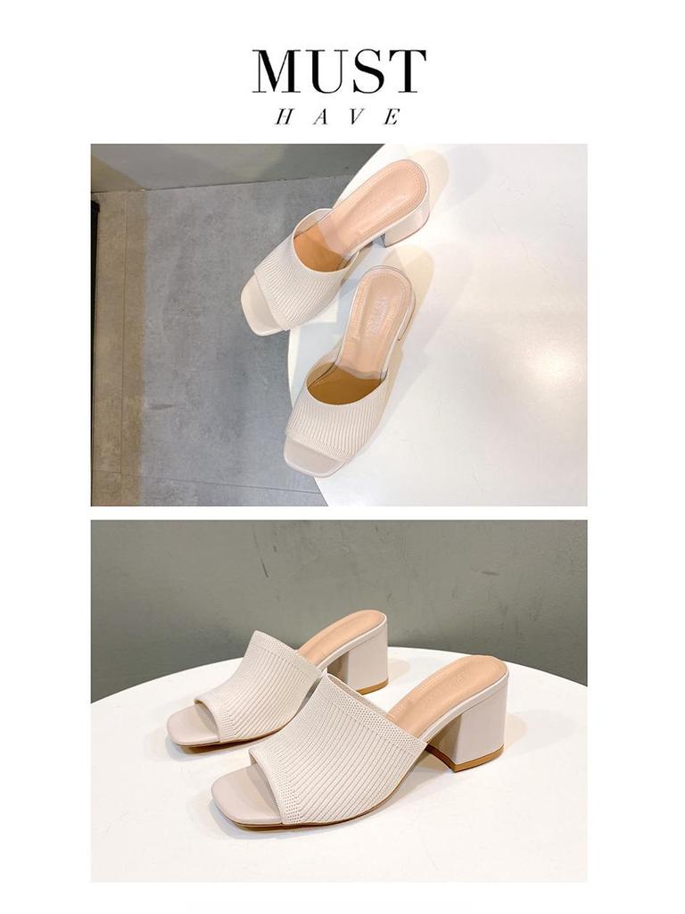 2024 Women's Fashion Chunky Heel Knit Wool Square Toe Sandals & Slippers