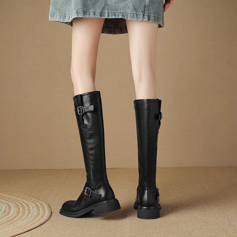 Fashion Belt Buckle Ladies Knee High Shaft Shoes Autumn Winter Middle Heel Women's Long Boots Goth Work New In Pu Fashion 2025 Boot Sale