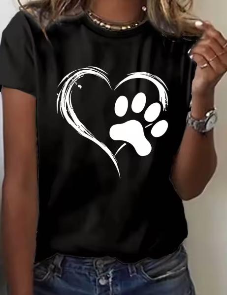 Women Pet Lover Graphic T Shirt Brushed Texture Heart With Paw Print Round Neck Short Sleeve Soft Casual Dog Mom Everyday Tee