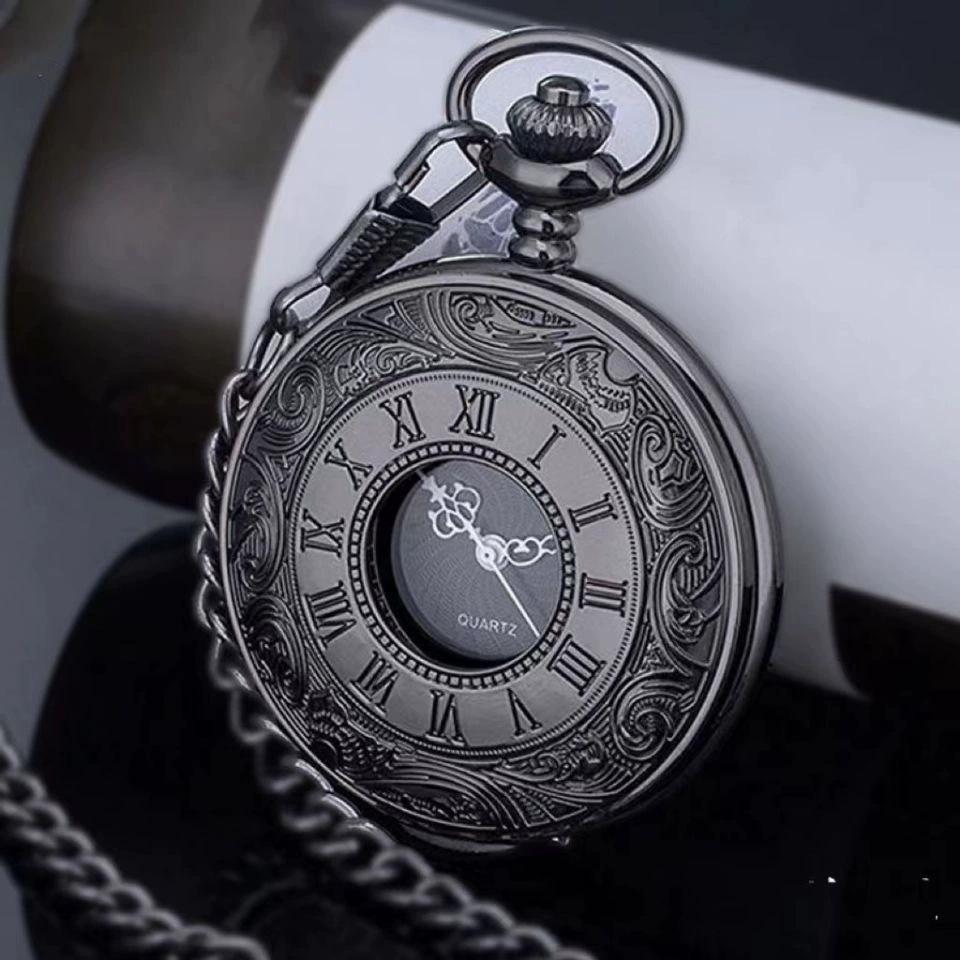 Duży Czarny Klasyczny Rzymski Charakter Podwójny Wyświetlacz Zegarek Kieszonkowy, Retro Naszyjnik Męski i Damski Antyczny Zegarek Kieszonkowy Tuo Watch