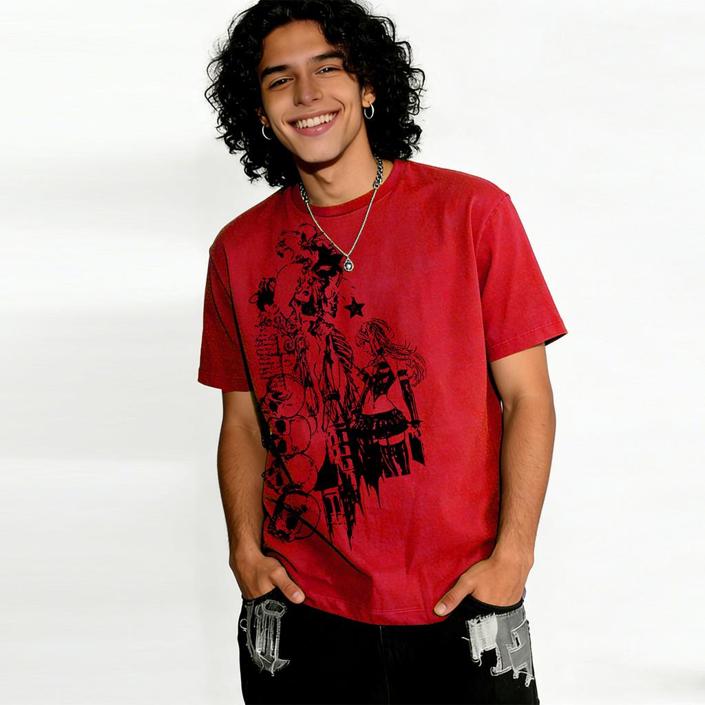 Dark-themed Skeleton Anime Print T-Shirt for Men | American High-Street StyleLoose-Fit Short-Sleeve Trendy Post-Apocalyptic Style Short-Sleeve T-Shirt
