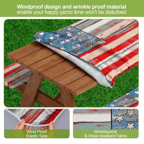 Picnic Table Cover Set American Flag Fitted Table Cover with 2 Bench Covers Waterproof Windproof Tablecloth with Elastic Edges for Outdoor Camping