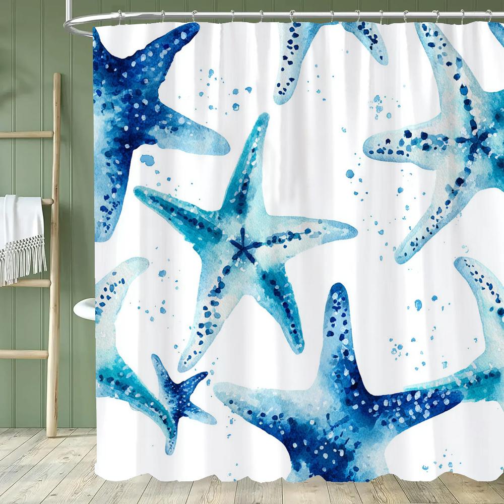 Cute Cartoon Ocean, Starfish, Shells Dolphin Printed Shower Curtain With Hooks, Bathroom Curtain, Bathroom Decor Window Curtain