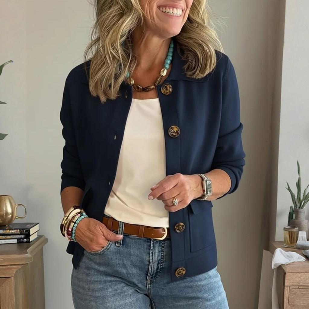 Women's Fashion Solid Color Collar Long Sleeve Button Pocket Jacket