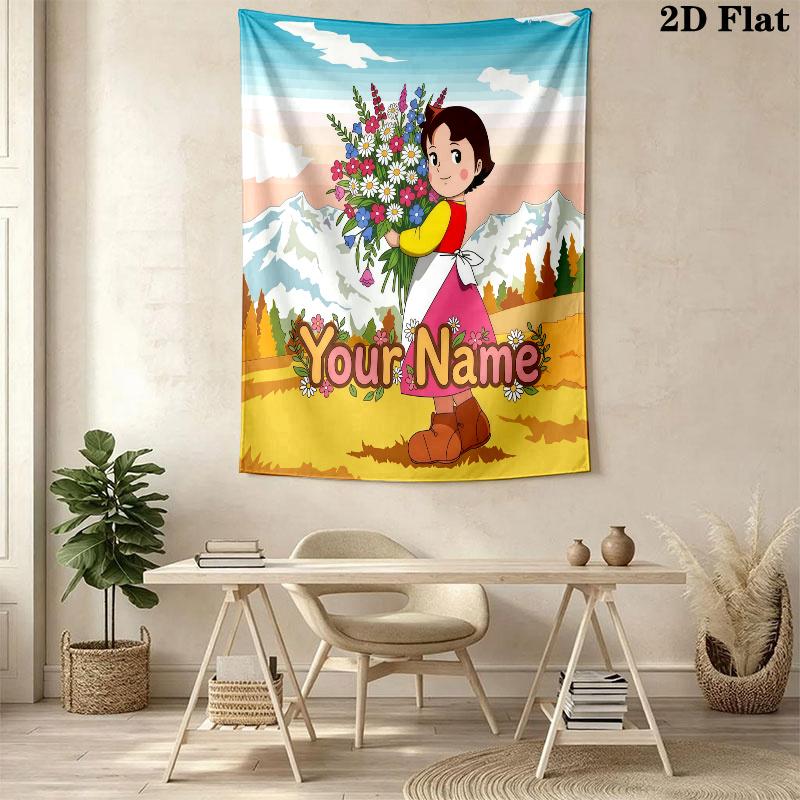 Heidi Alps Cartoon Custom Name Wall Tapestry Aesthetic Wall Hanging Printed Fabric Blanket Decorative Tapestries for Bedroom Living Room Home Decor