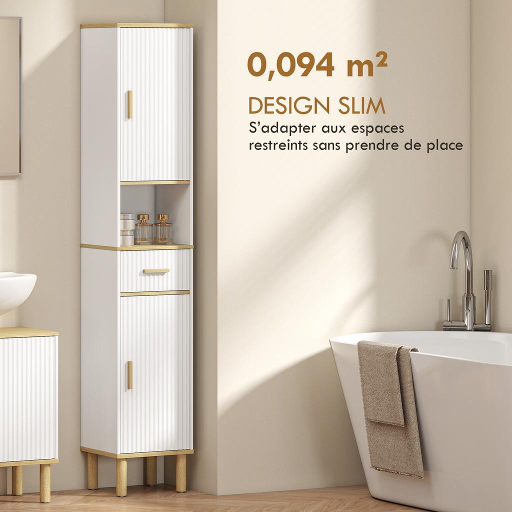 Bathroom Column Cabinet, 2 Doors, Drawer, Open Compartment, White