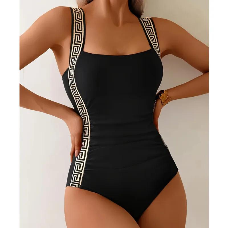 Women One Piece Swimsuit Black Sleeveless Bikini Swimwear With Contrast Trim Wide Straps For Adult Beach Pool Swimming Water Sports