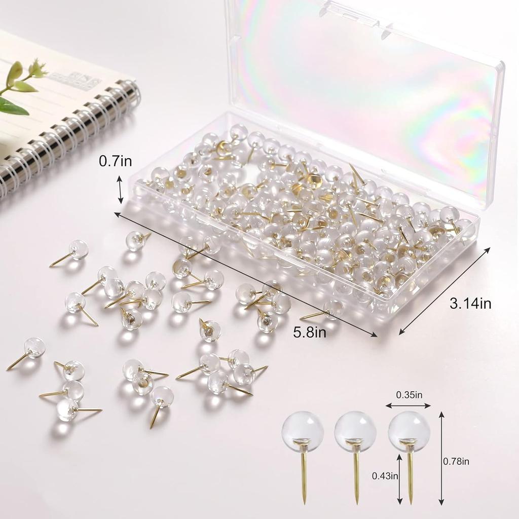 150 Pcs Push P, Standard & Transparent Plastic Head Steel Point Thumb Tacks for Wall, Office & Craft Organization (Gold)