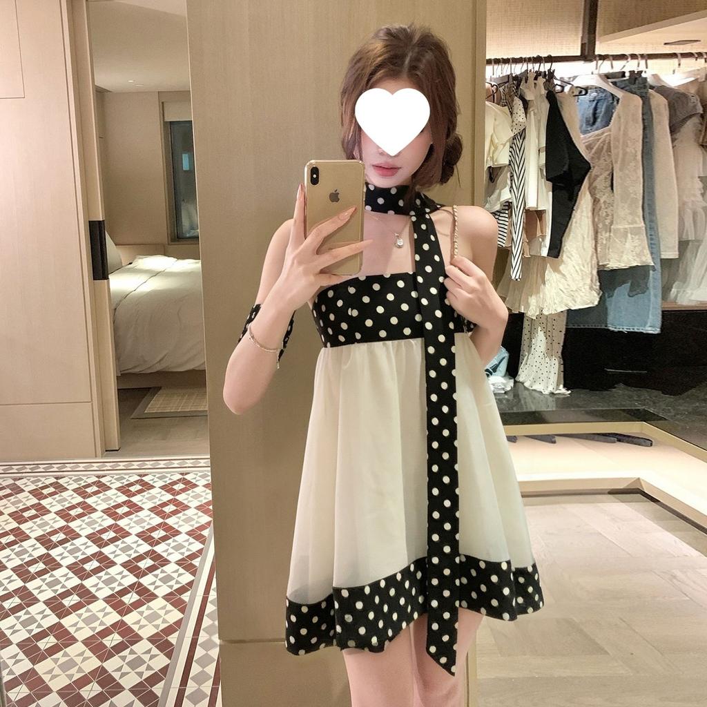 [Freight Insurance] One-word Shoulder Polka Dot Dress, Children's Summer Seaside Vacation Skirt